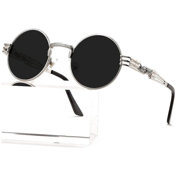 Round Steampunk Sunglasses Silver/Grey